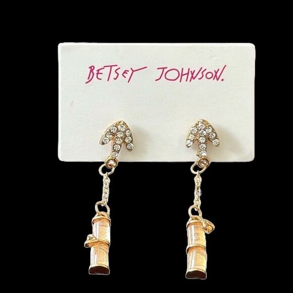 Betsey Johnson Whimsical Dangle Statement Earrings - Gold Ton Arrow & Bamboo - Picture 1 of 7
